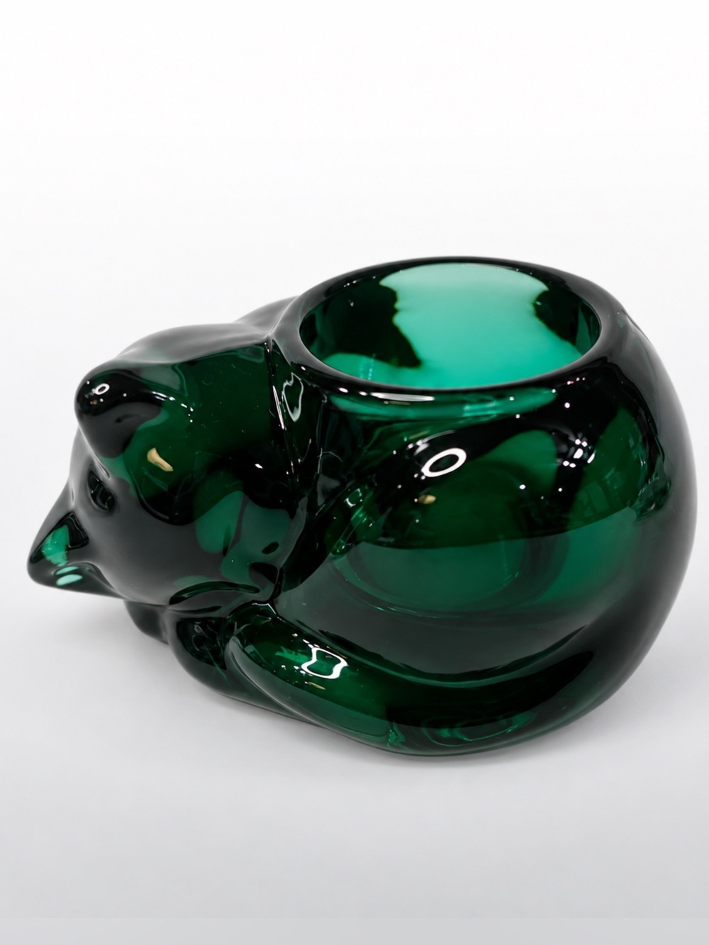 Vintage Green Glass Sleeping Cat Tea Light Holder